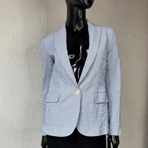 Theory Blue and White Striped Cotton Seersucker Blazer